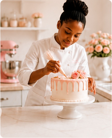 Pâtissière décorant un gâteau personnalisé